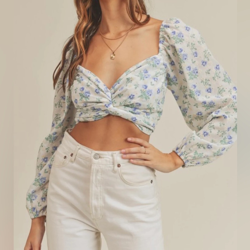 Mable Eyelet Crochet Tie Front Puff Balloon Sleeve Crop Blouse Top Floral